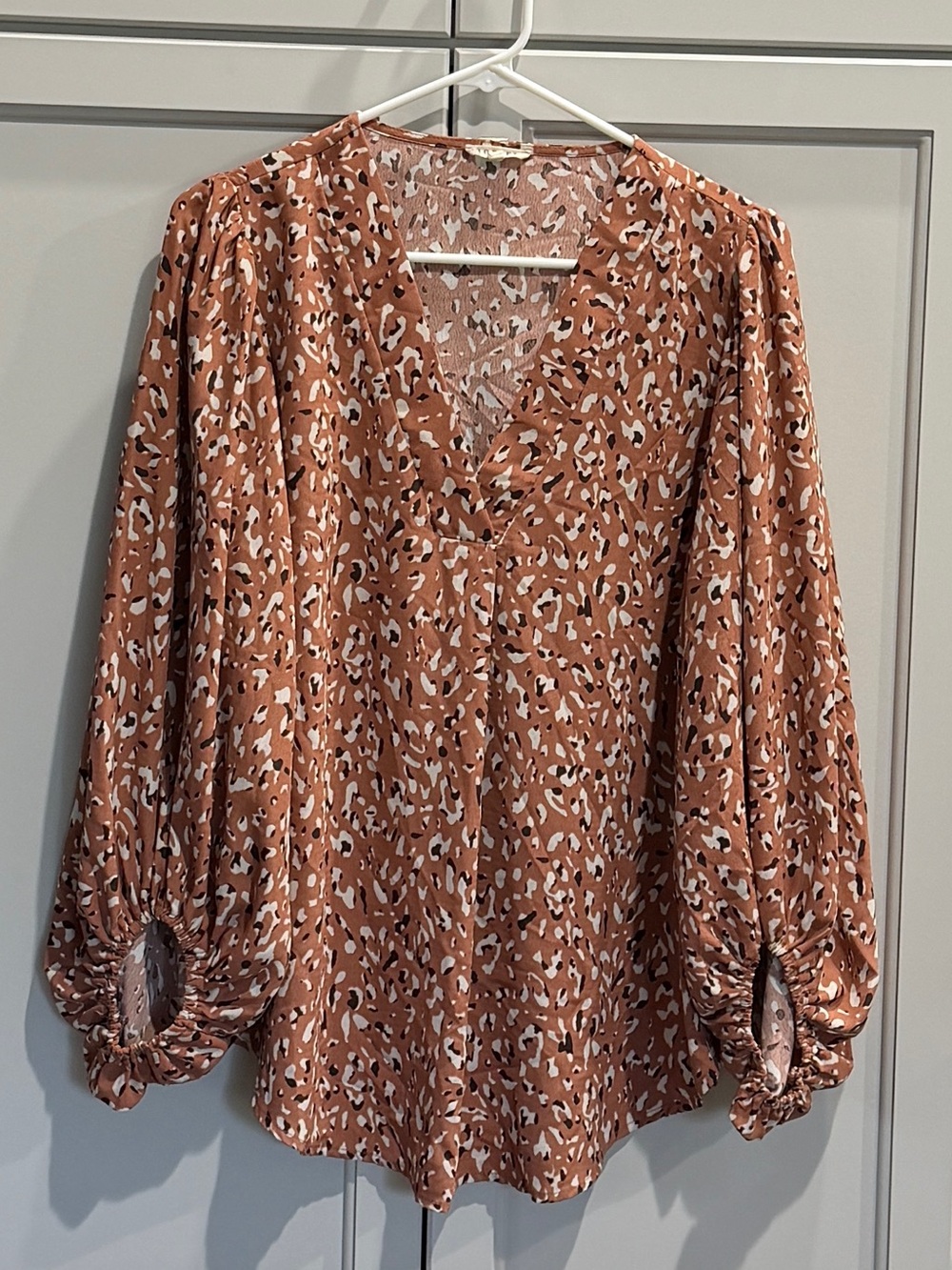 JODIFL Terracotta Brown Animal Print V-Neck Blouse
